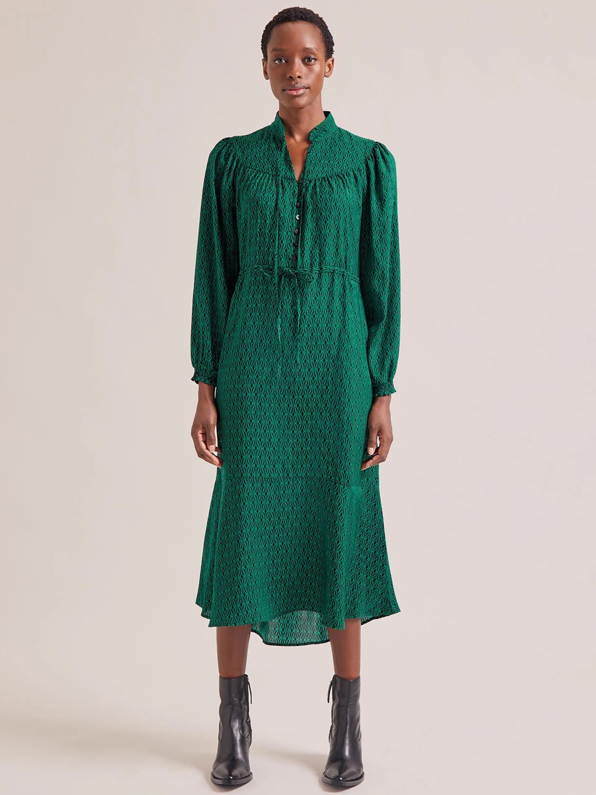 Green black trellis print Zahra midi dress