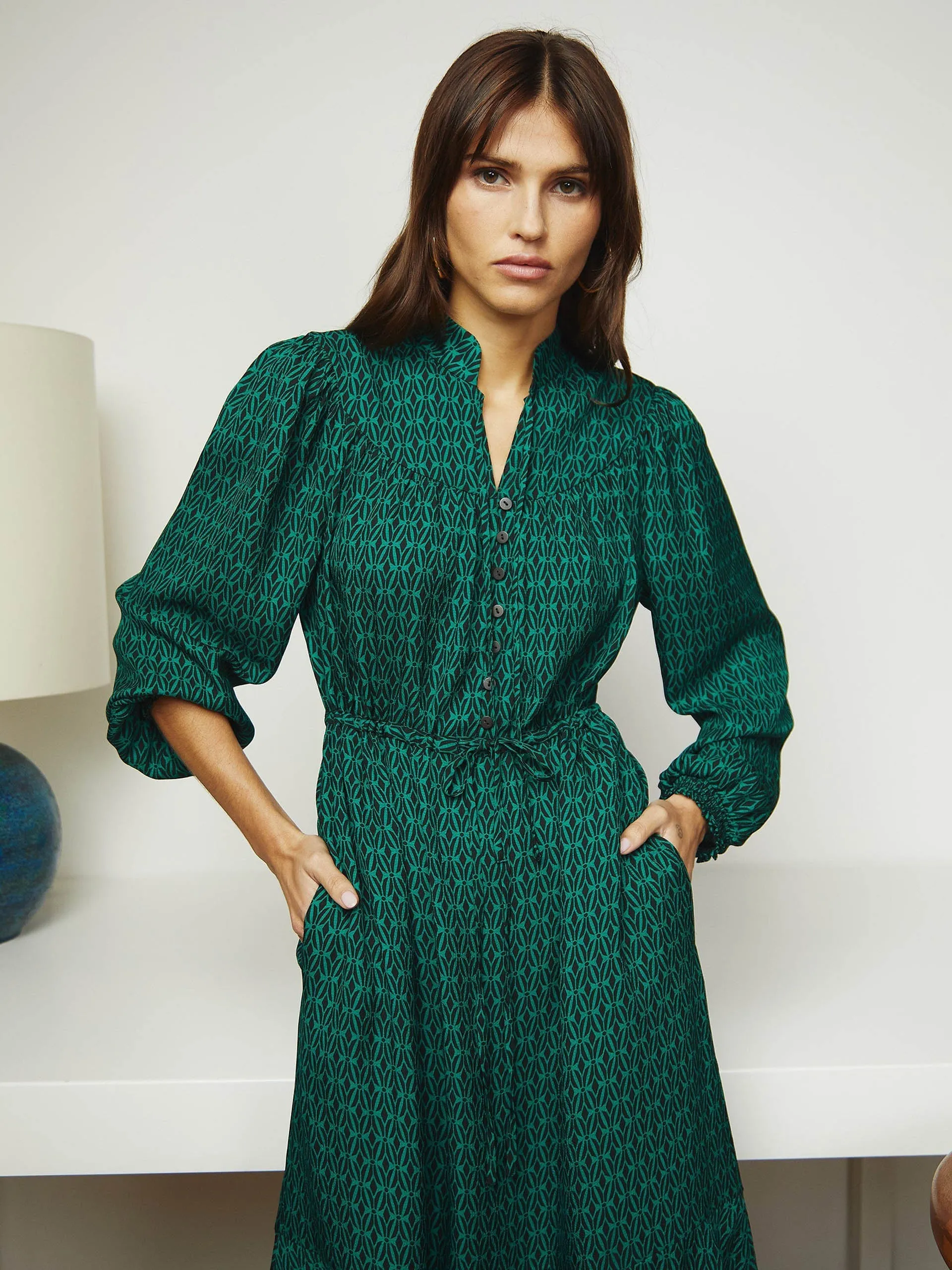 Green black trellis print Zahra midi dress