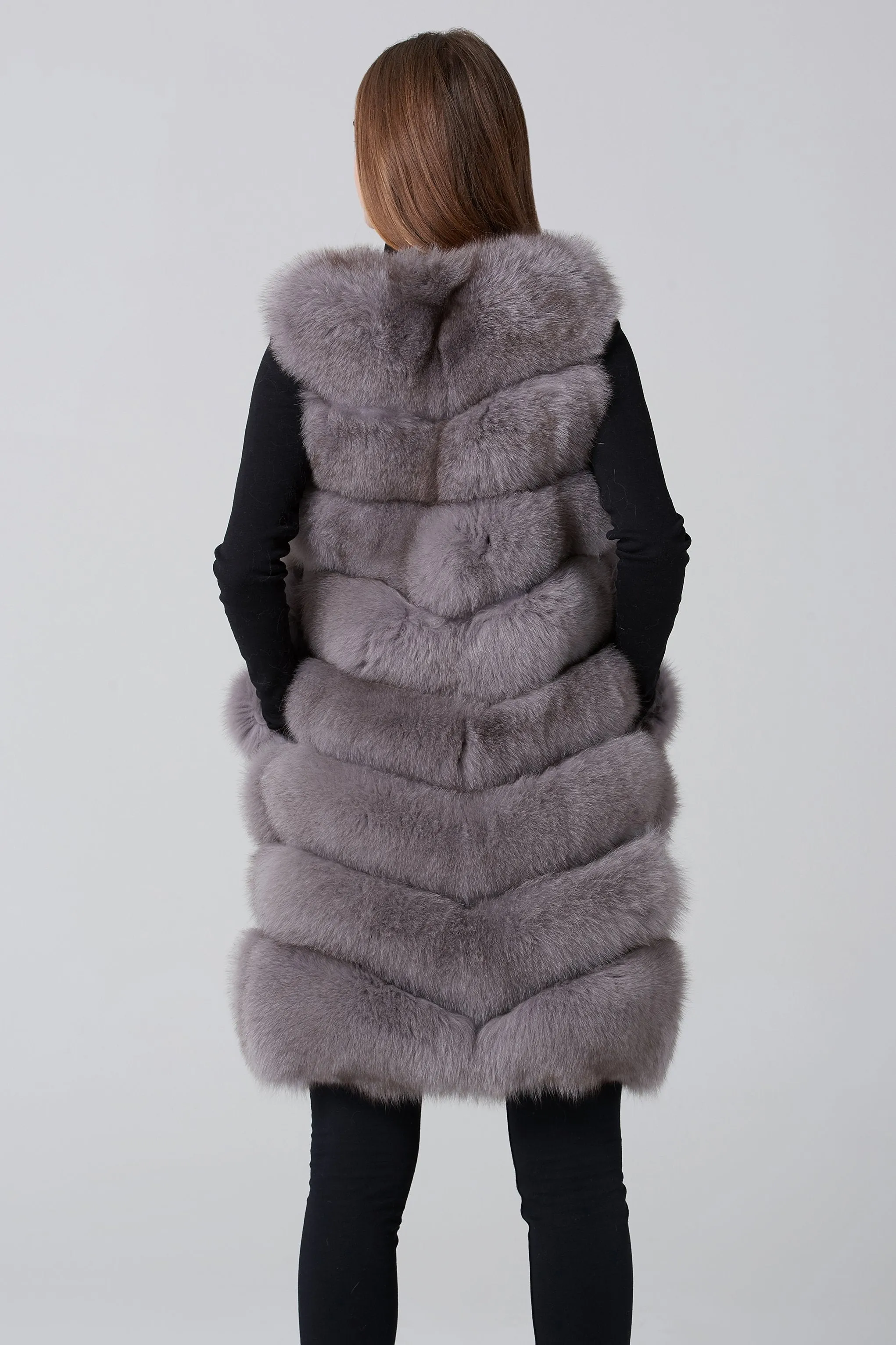 Grey Square Knee Length Fox Fur Coat