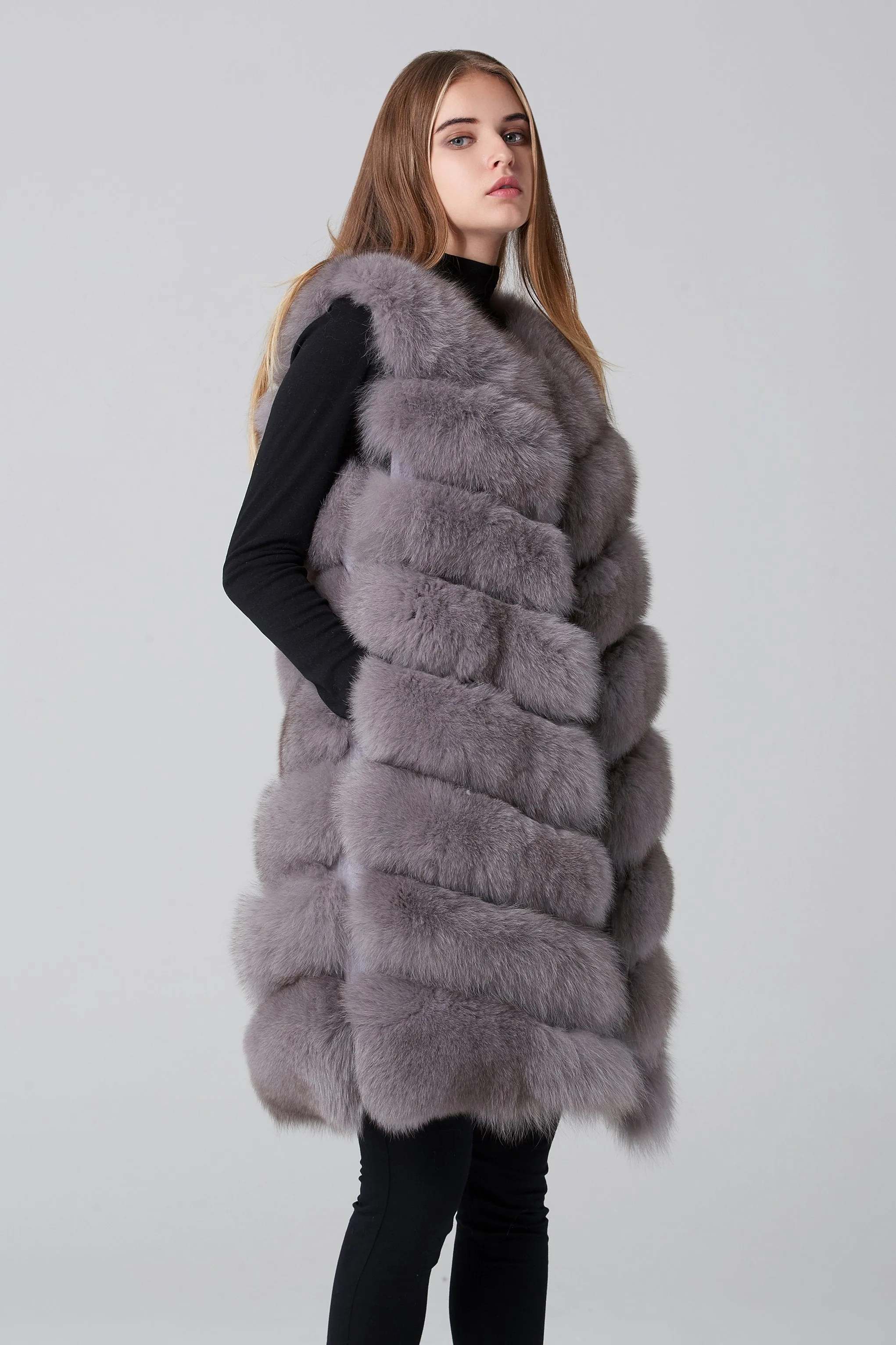 Grey Square Knee Length Fox Fur Coat