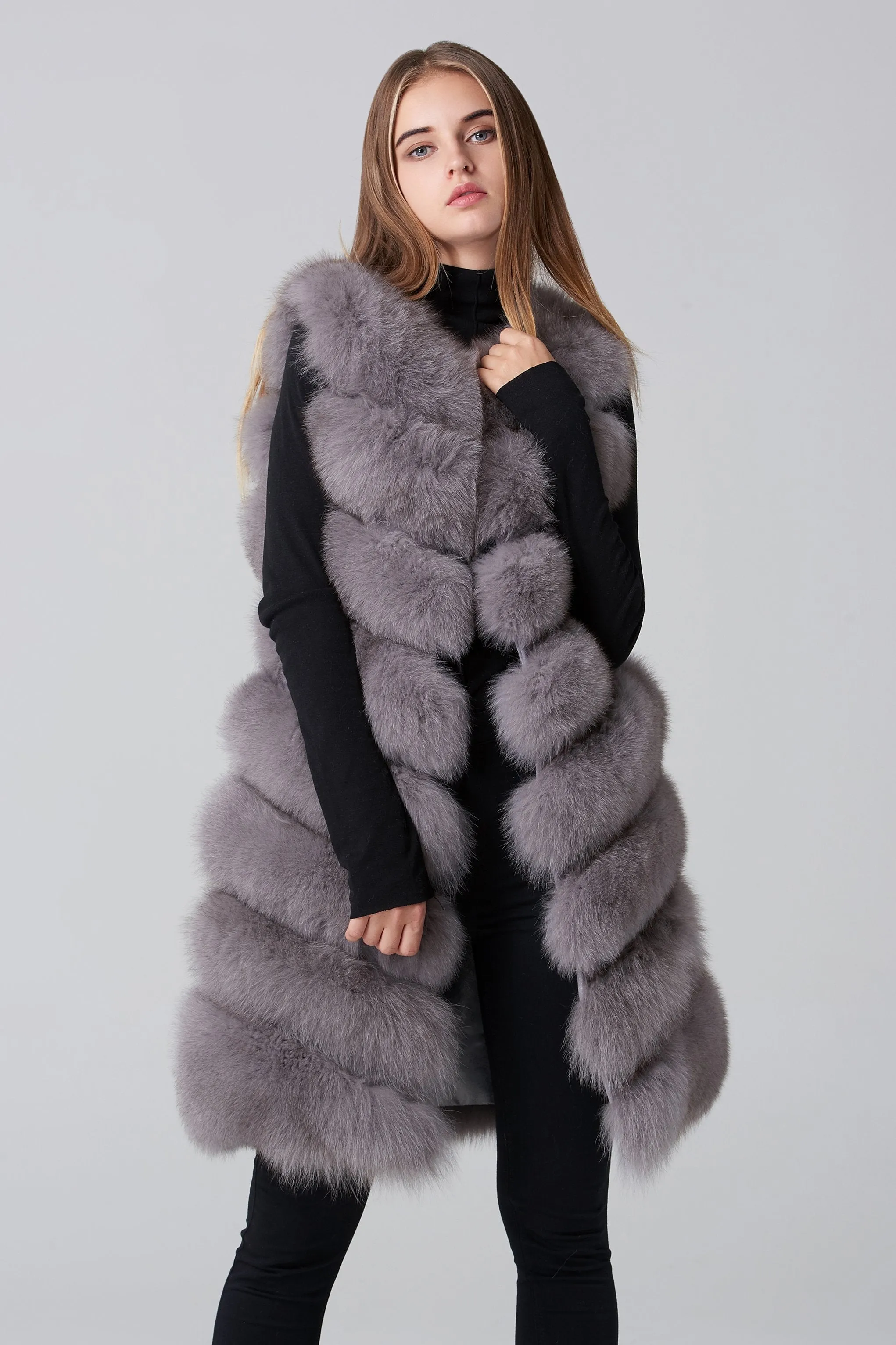 Grey Square Knee Length Fox Fur Coat