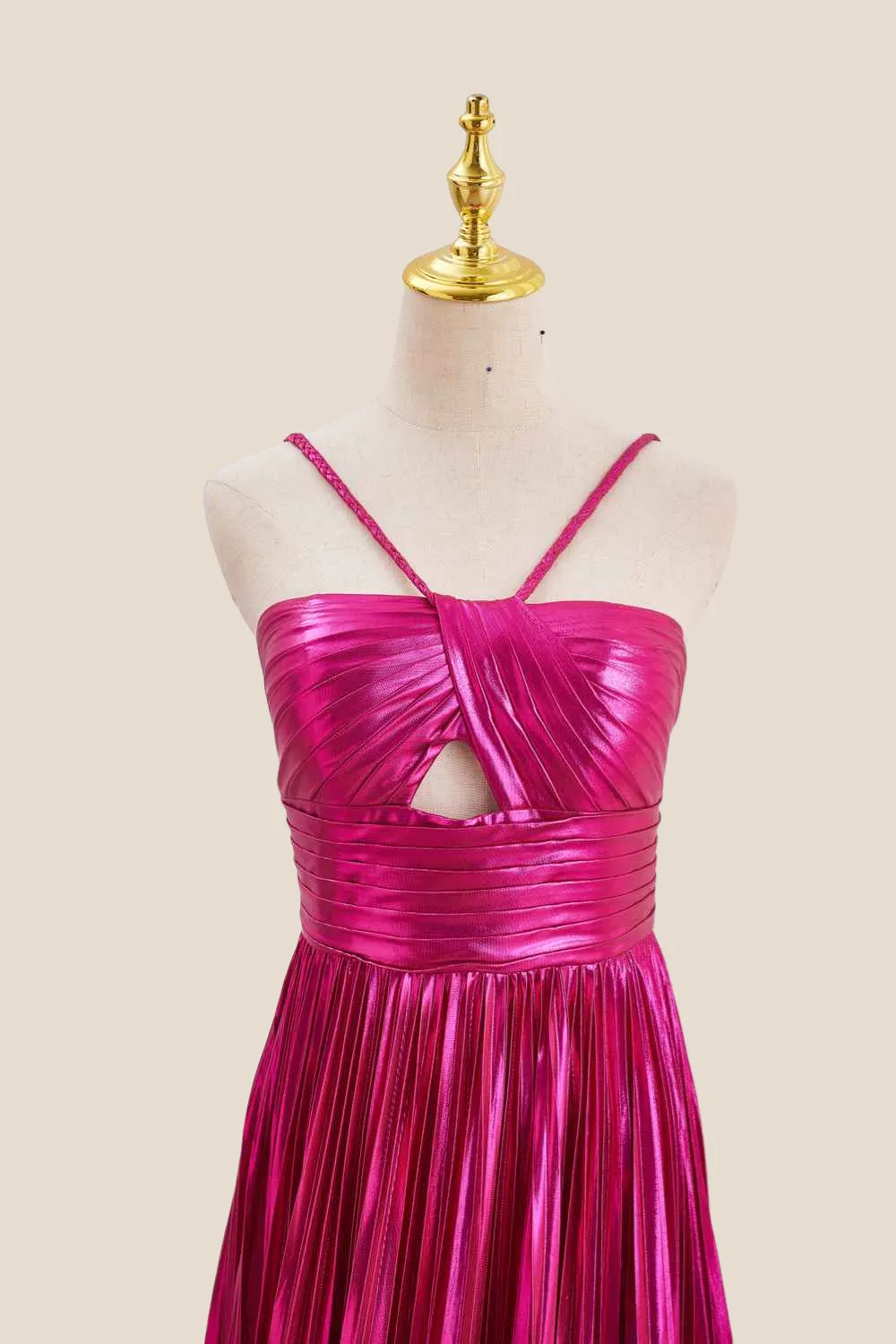 HalterFuchsia Pleated Metallic Long Dress