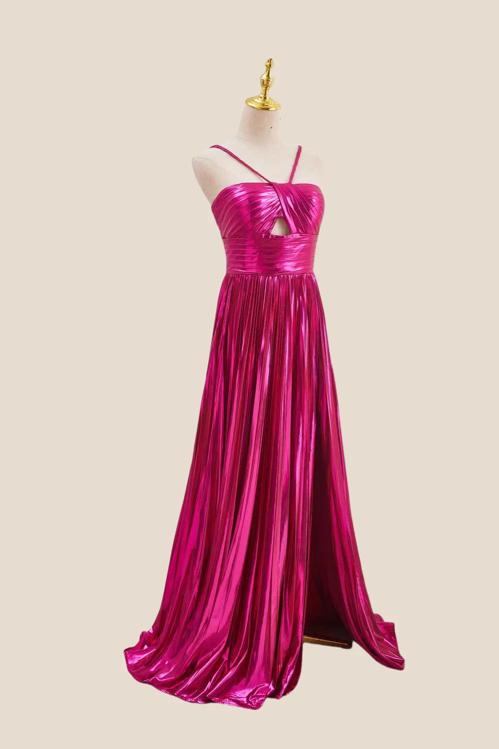 HalterFuchsia Pleated Metallic Long Dress