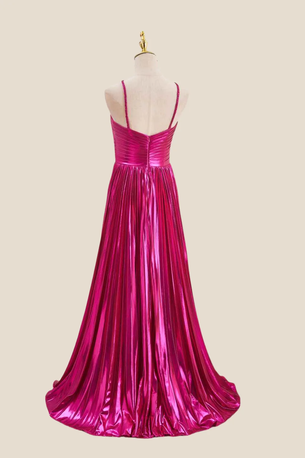 HalterFuchsia Pleated Metallic Long Dress