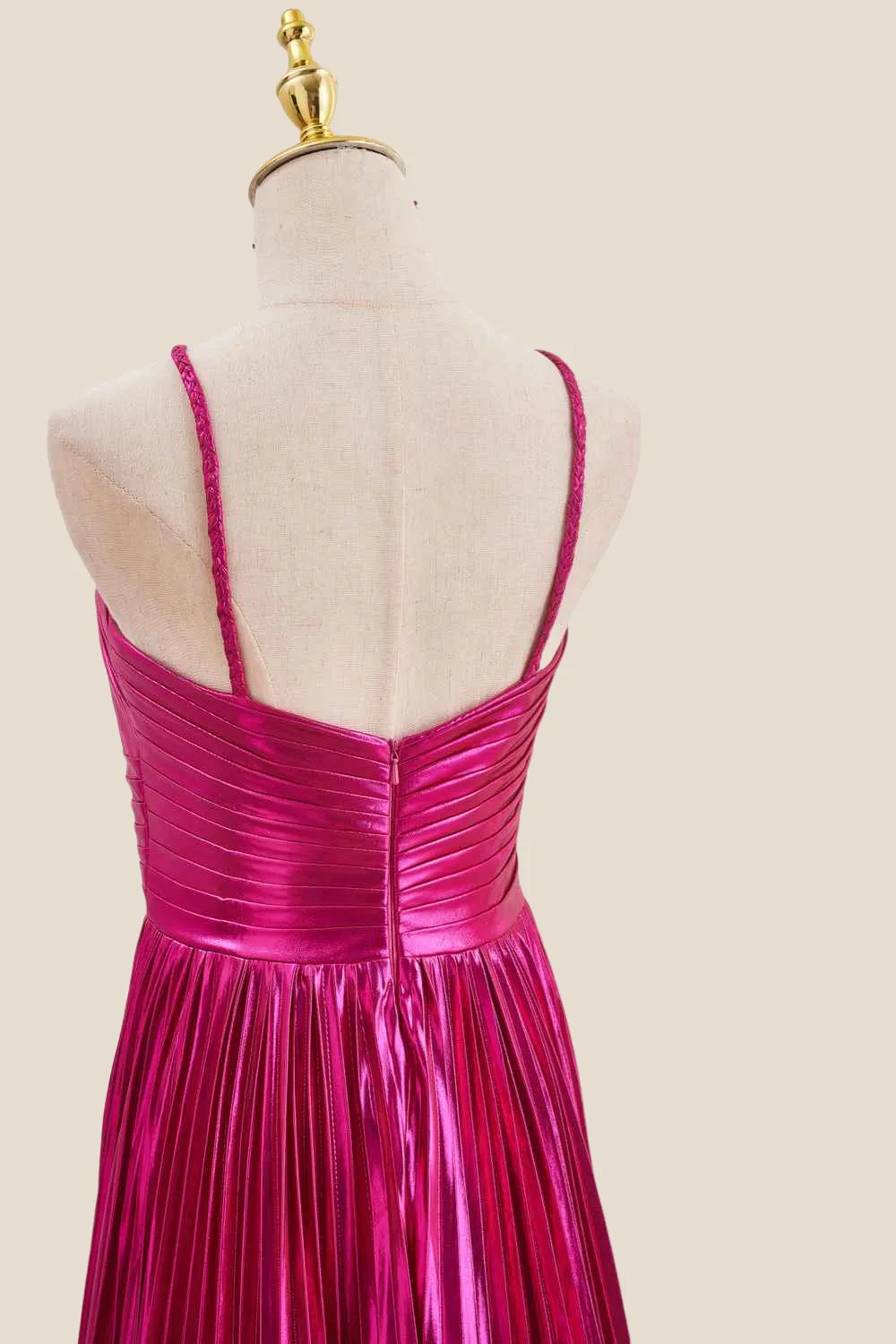 HalterFuchsia Pleated Metallic Long Dress