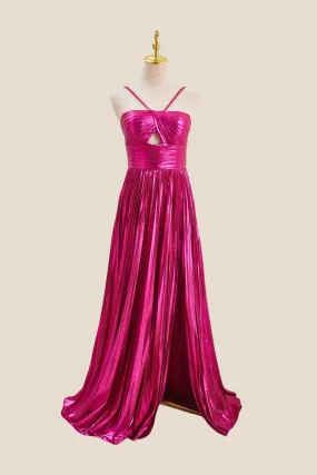 HalterFuchsia Pleated Metallic Long Dress