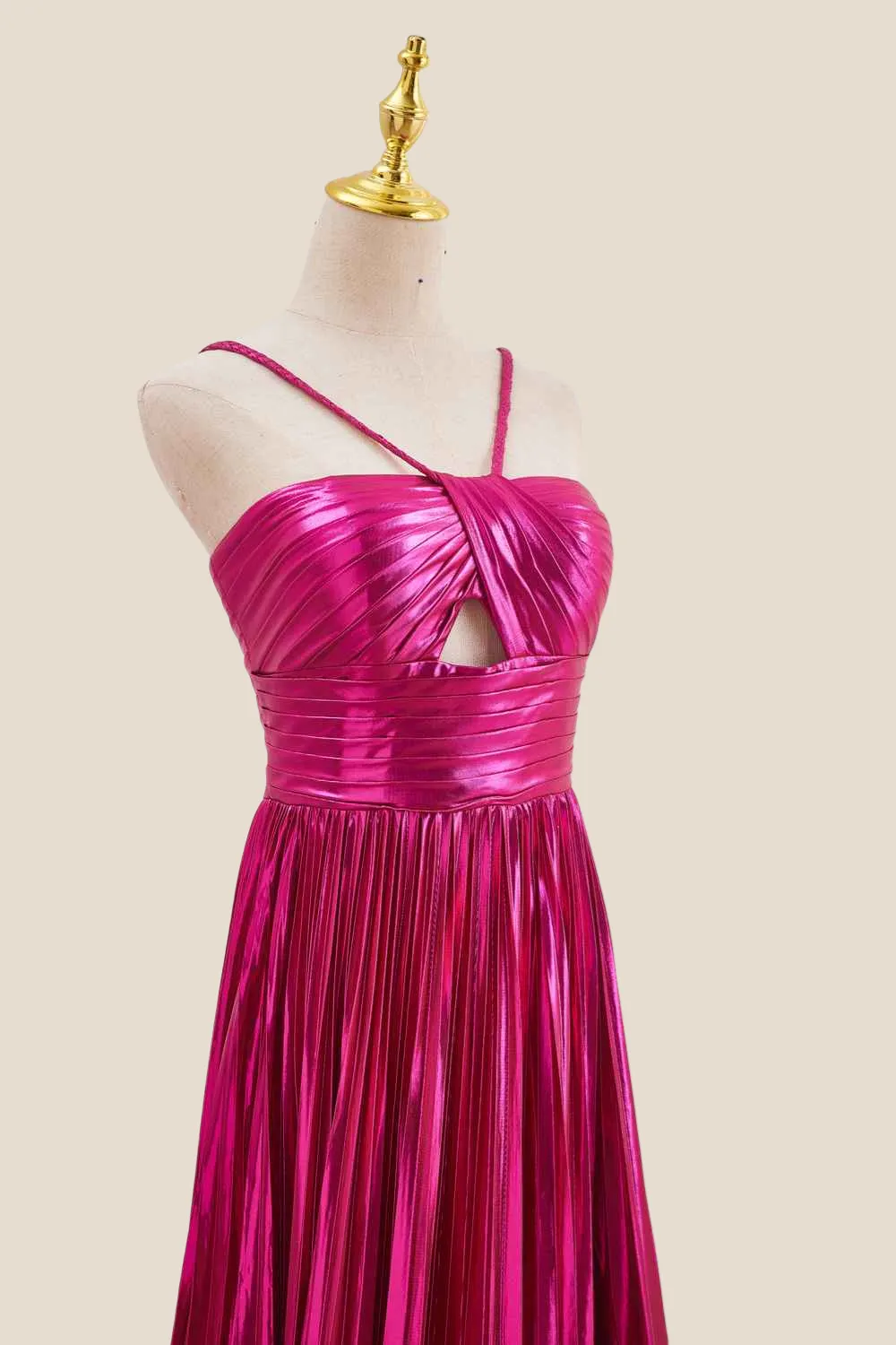 HalterFuchsia Pleated Metallic Long Dress