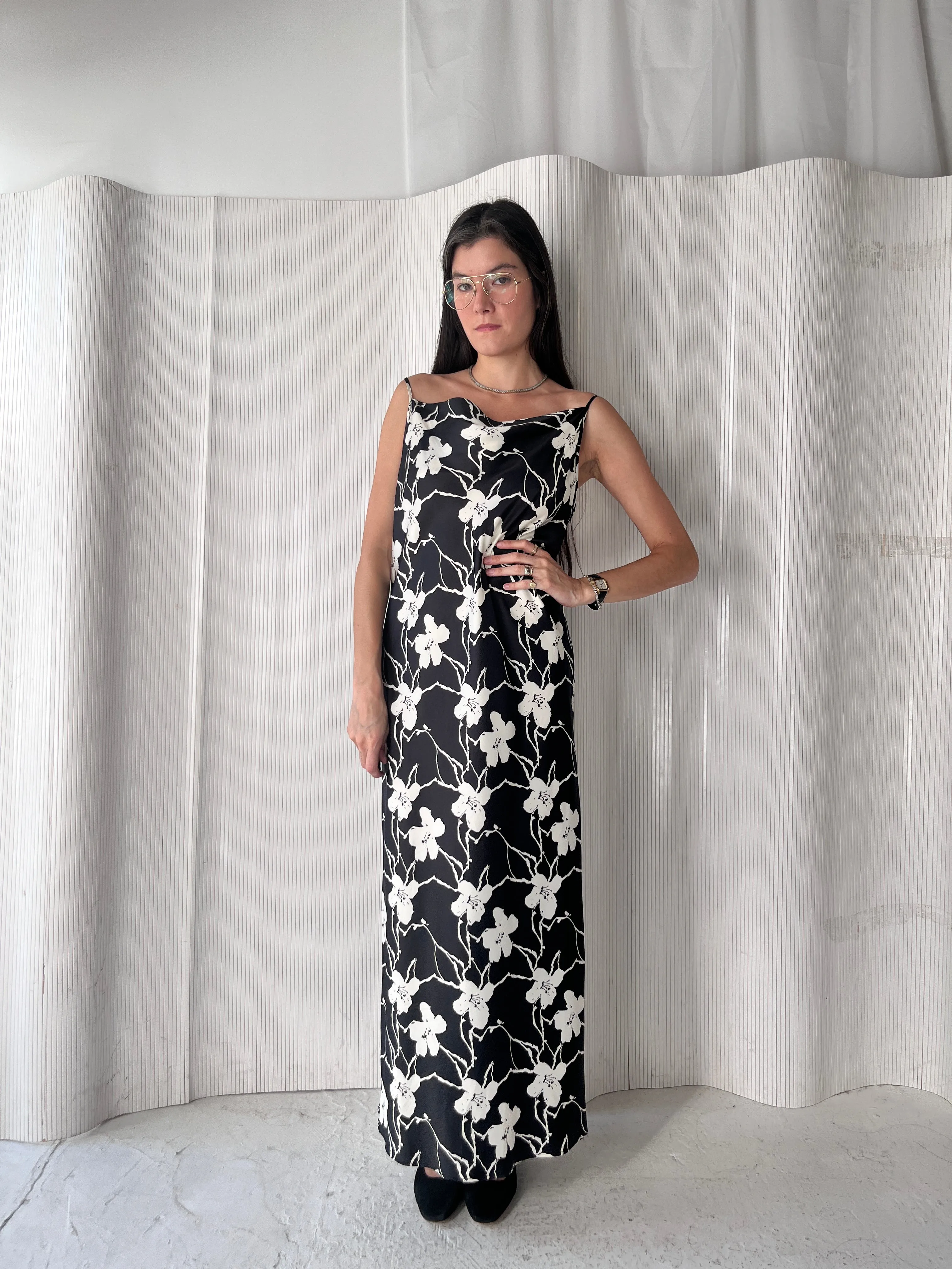 INC b&w satin floral slip dress