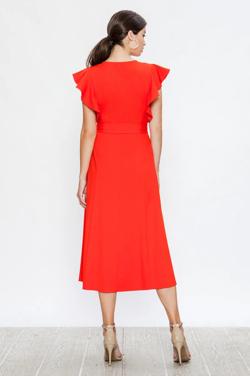 Jealous Tomato Coral Ruffle Sleeve Midi Dress