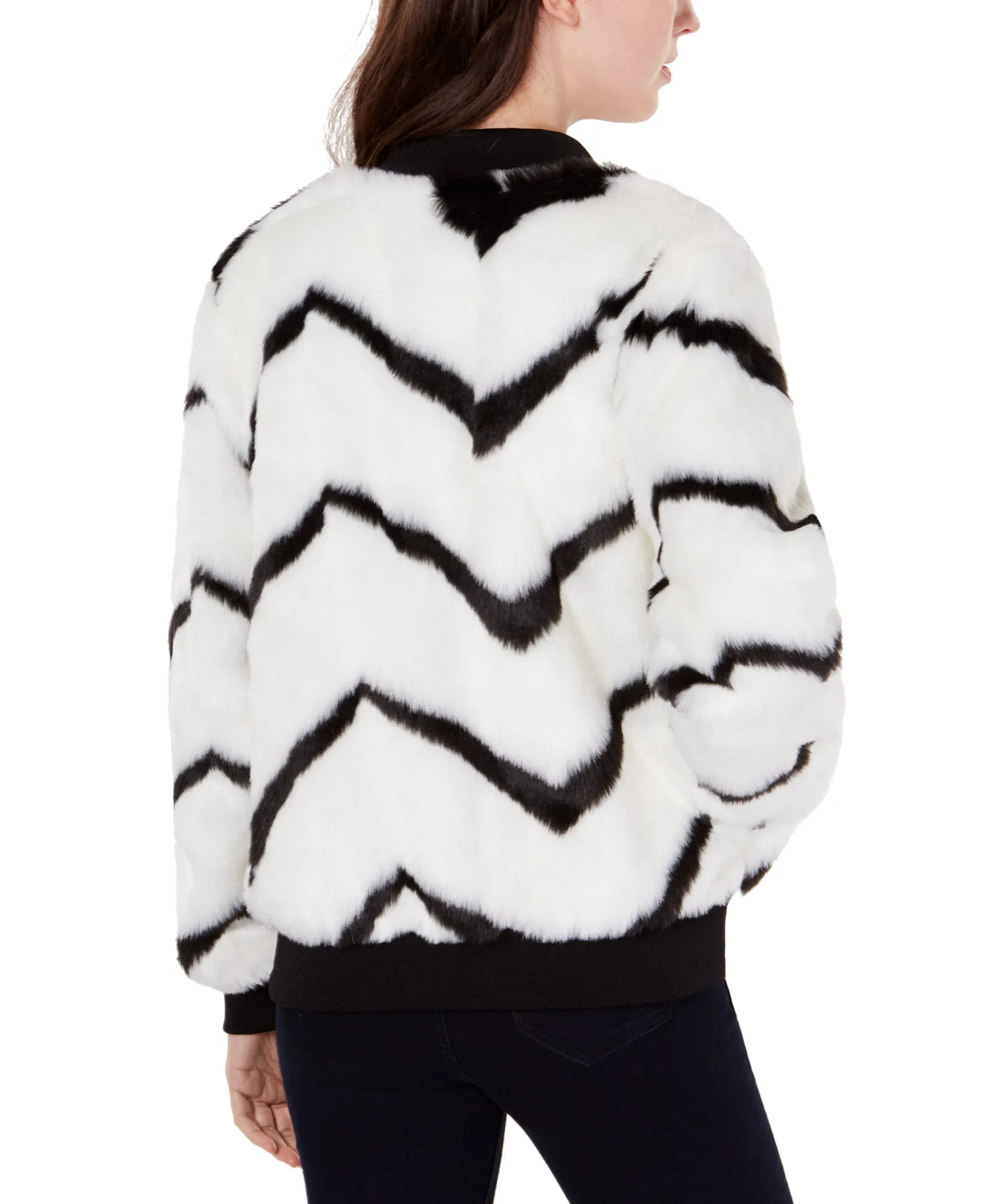 Juniors' Chevron-Printed Faux-Fur Bomber Jacket