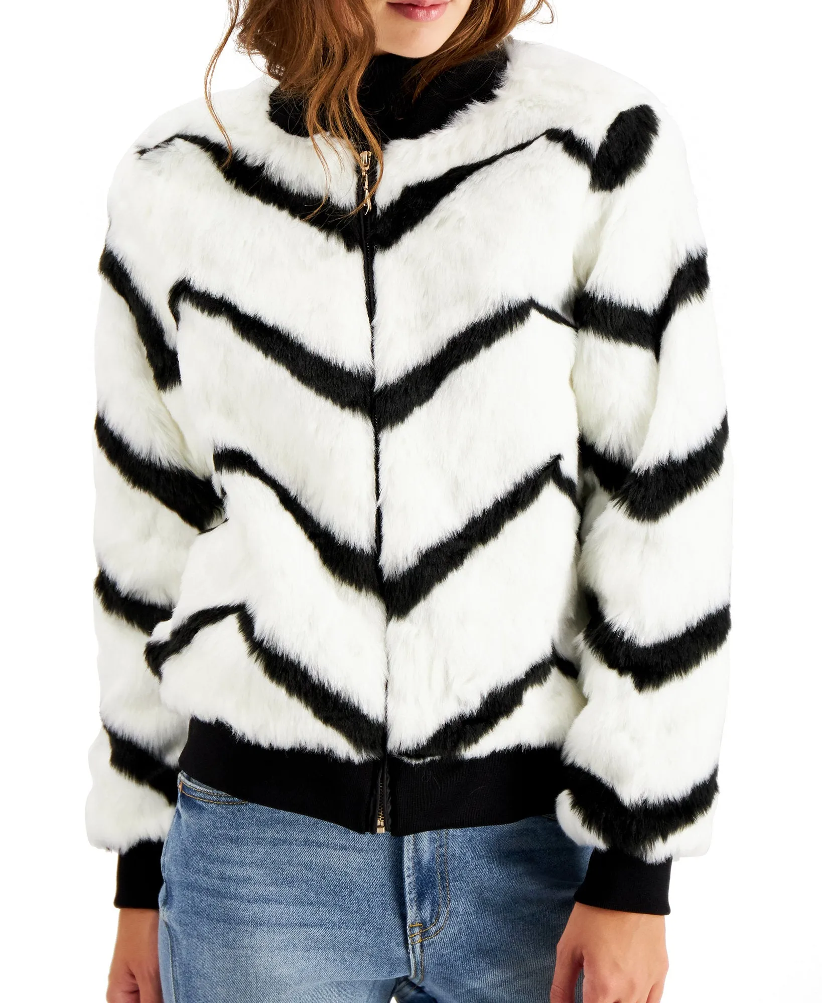 Juniors' Chevron-Printed Faux-Fur Bomber Jacket