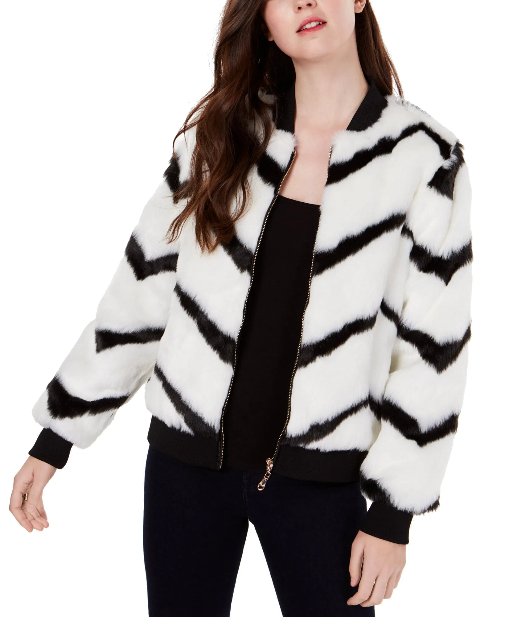 Juniors' Chevron-Printed Faux-Fur Bomber Jacket