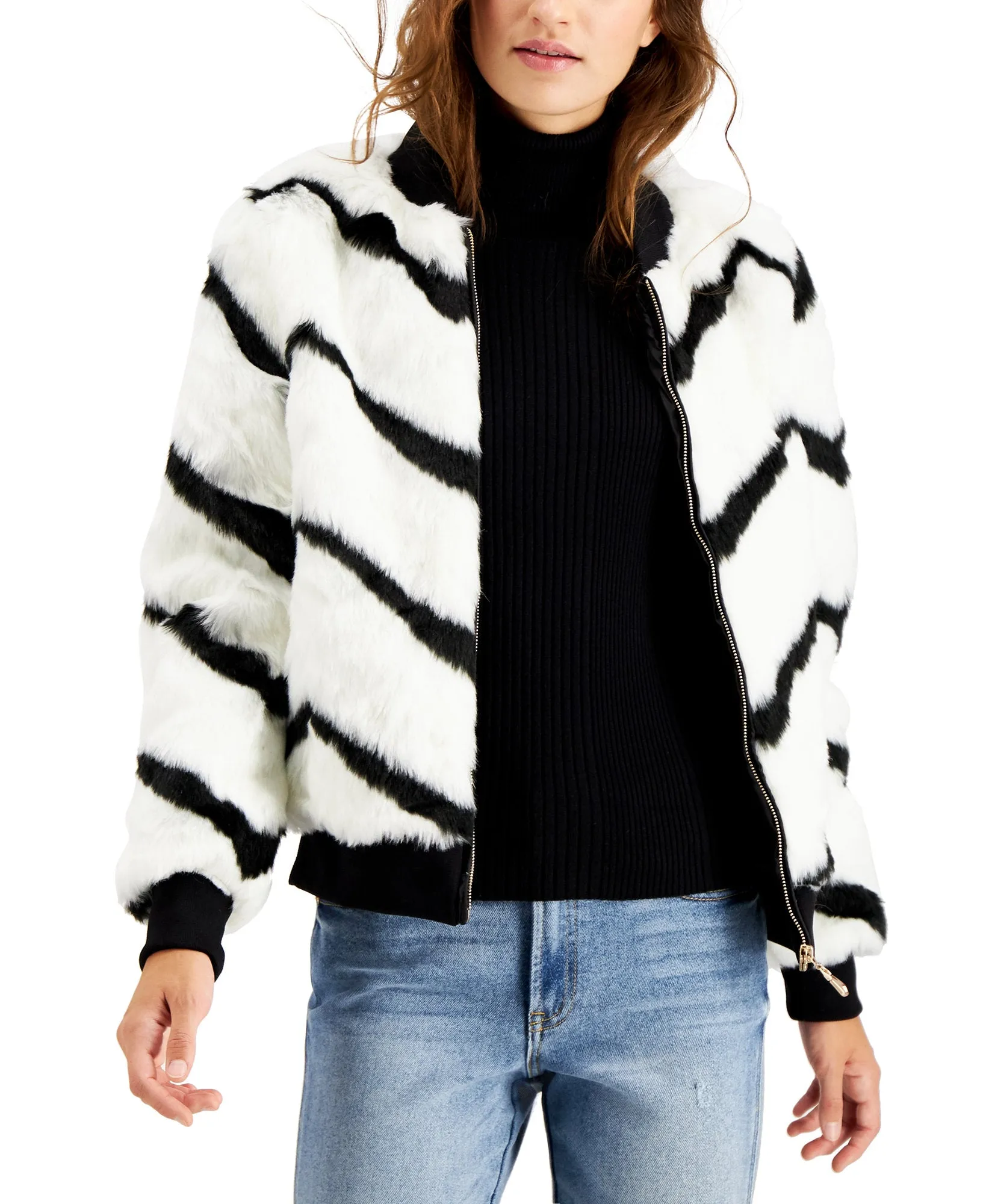 Juniors' Chevron-Printed Faux-Fur Bomber Jacket