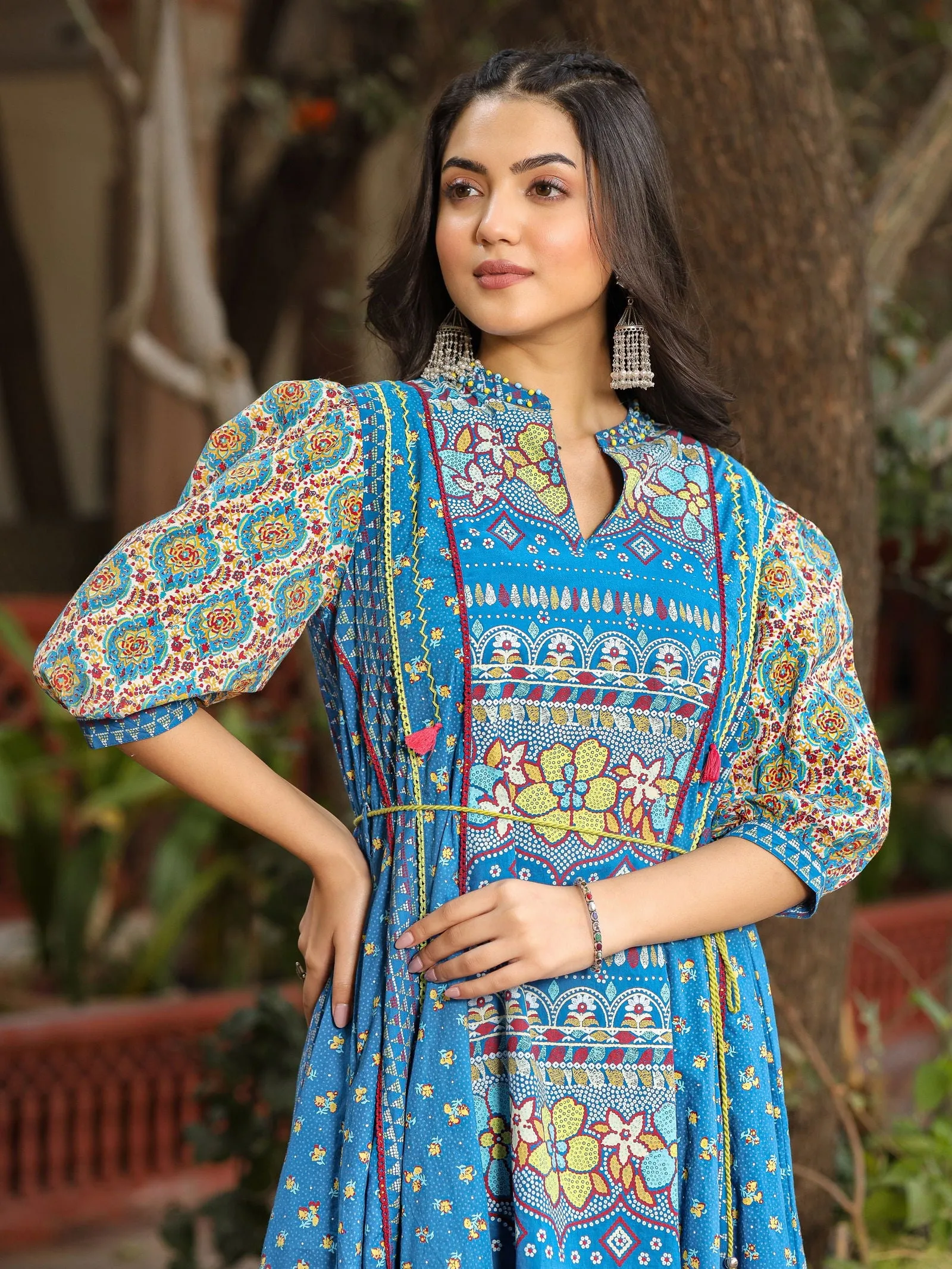 Juniper Blue Floral Printed Pure Cotton Dress & Doris With Beads Work