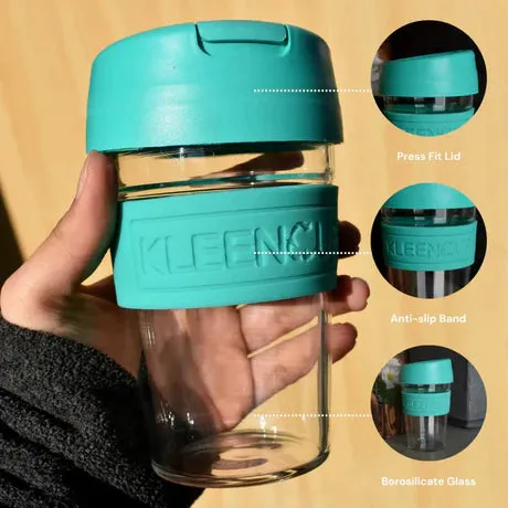 Kleencup Glass Coffee Cup-Green | Borosilicate Glass Tumbler with lid