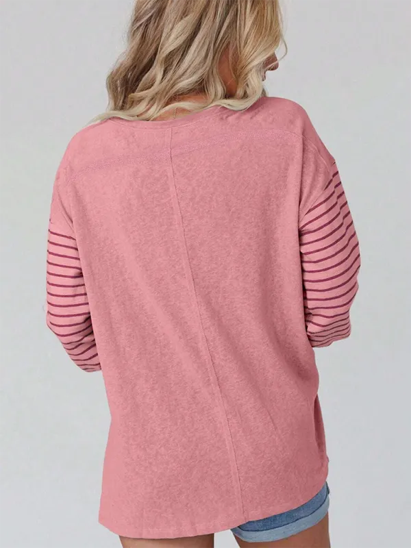 Lantern Sleeve Striped Pullover Relaxed Tee