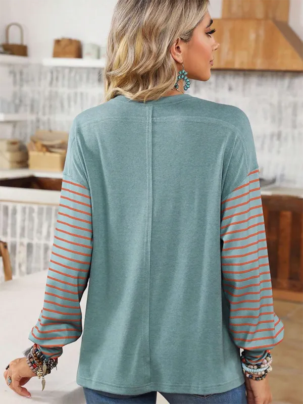 Lantern Sleeve Striped Pullover Relaxed Tee