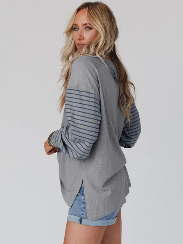 Lantern Sleeve Striped Pullover Relaxed Tee