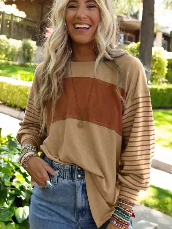 Lantern Sleeve Striped Pullover Relaxed Tee