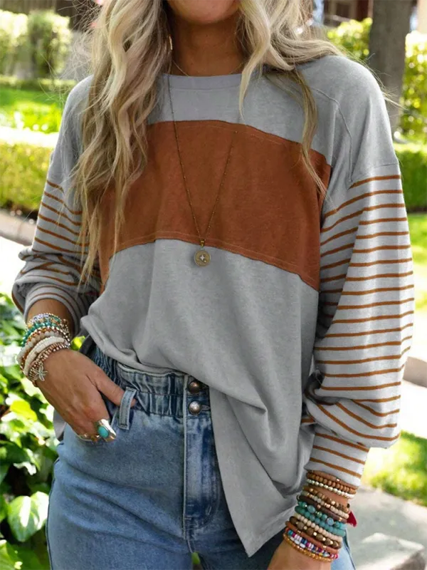Lantern Sleeve Striped Pullover Relaxed Tee