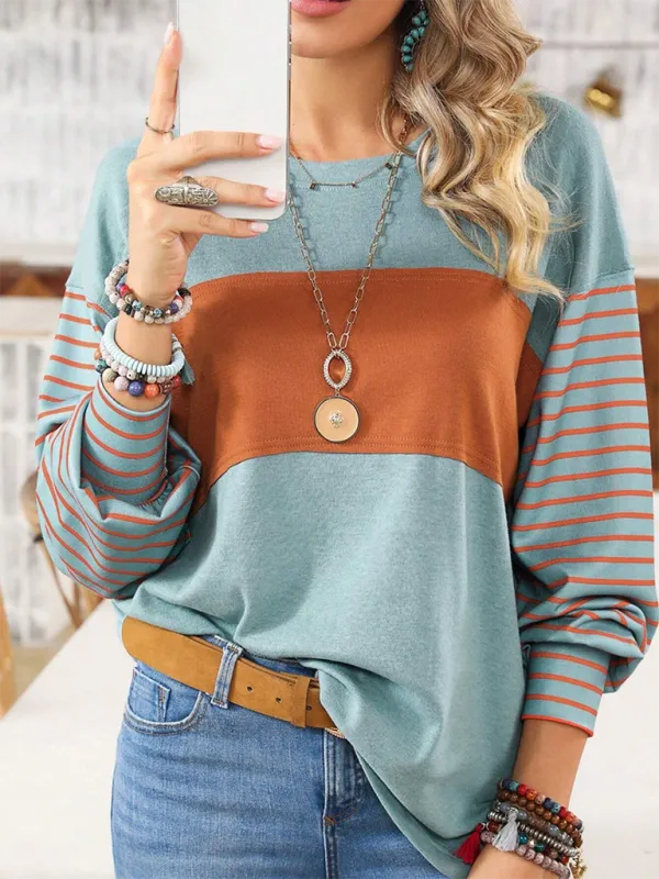 Lantern Sleeve Striped Pullover Relaxed Tee
