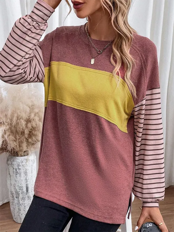 Lantern Sleeve Striped Pullover Relaxed Tee
