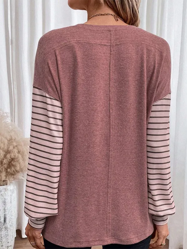 Lantern Sleeve Striped Pullover Relaxed Tee