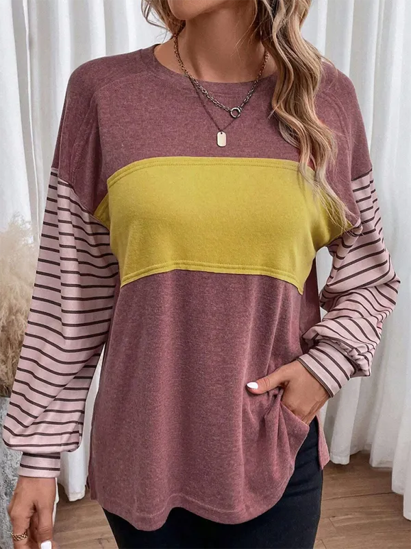 Lantern Sleeve Striped Pullover Relaxed Tee
