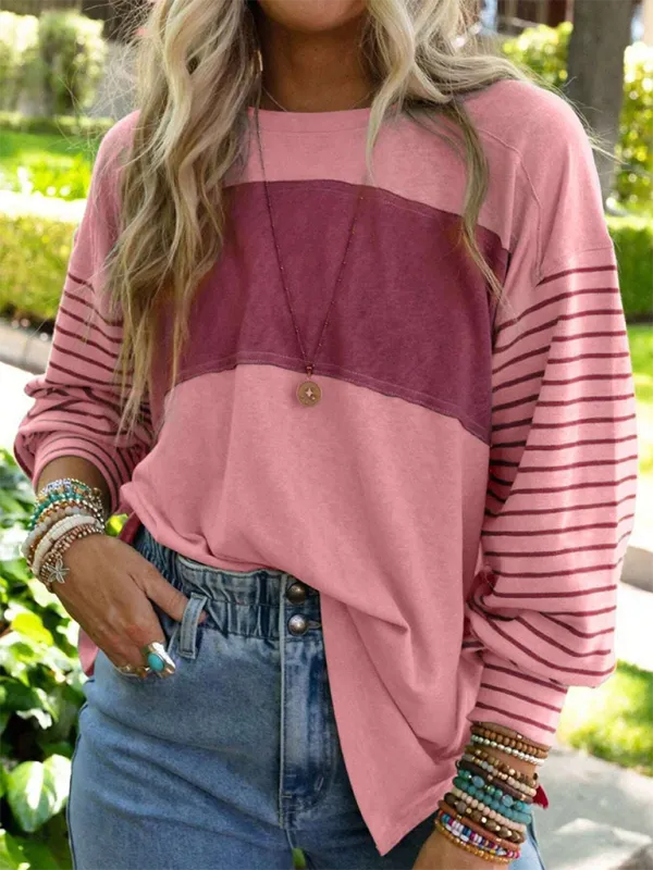Lantern Sleeve Striped Pullover Relaxed Tee