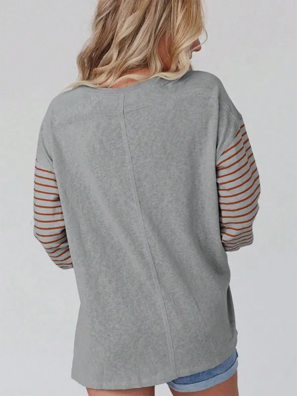 Lantern Sleeve Striped Pullover Relaxed Tee