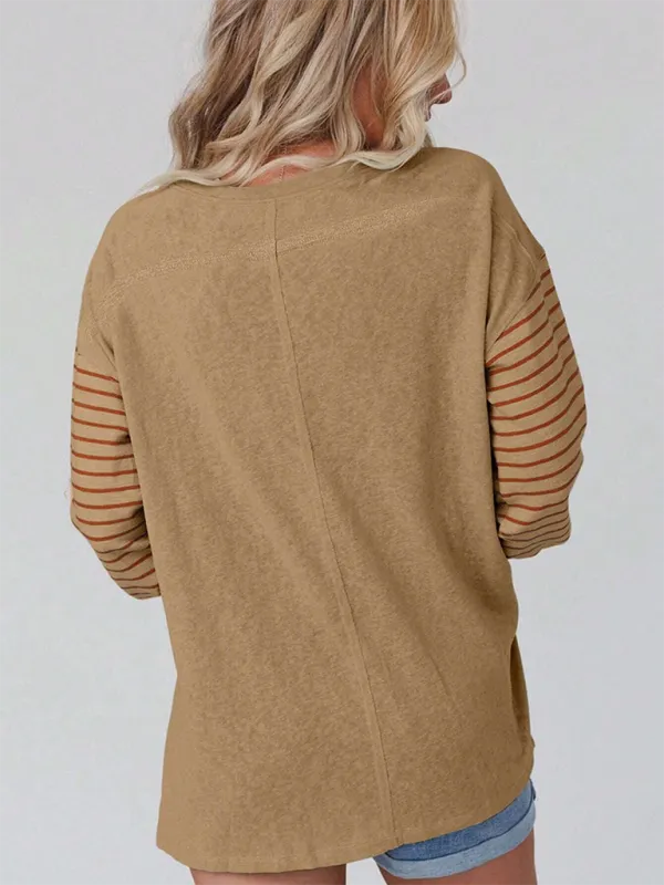 Lantern Sleeve Striped Pullover Relaxed Tee