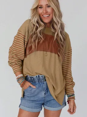Lantern Sleeve Striped Pullover Relaxed Tee