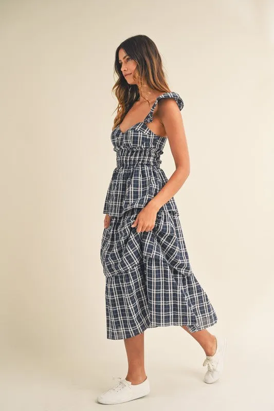 Lara Plaid Sweetheart Ruffled Midi Dress Navy