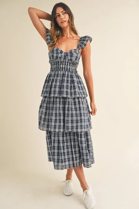 Lara Plaid Sweetheart Ruffled Midi Dress Navy