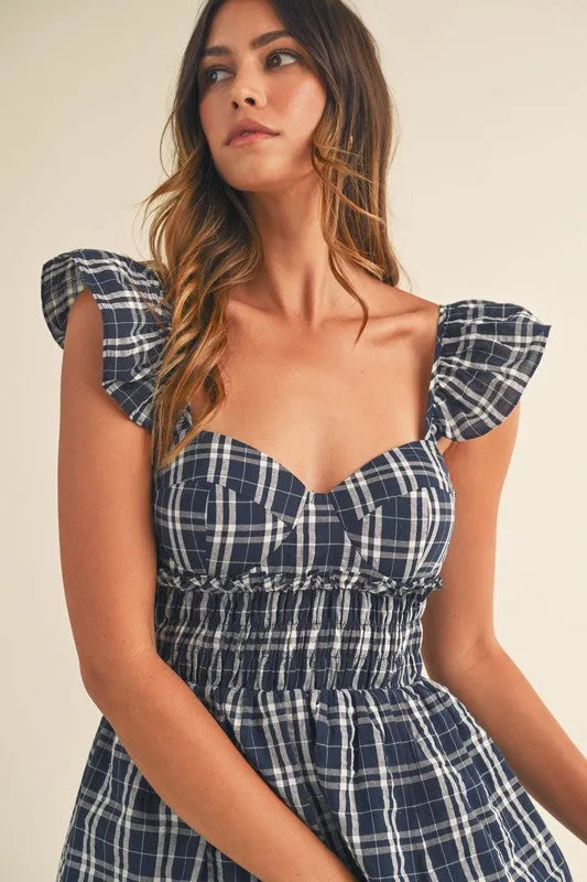 Lara Plaid Sweetheart Ruffled Midi Dress Navy