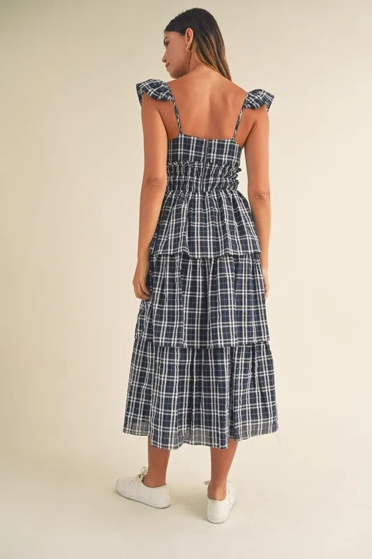 Lara Plaid Sweetheart Ruffled Midi Dress Navy