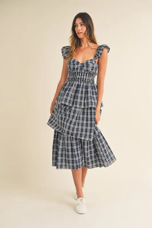 Lara Plaid Sweetheart Ruffled Midi Dress Navy