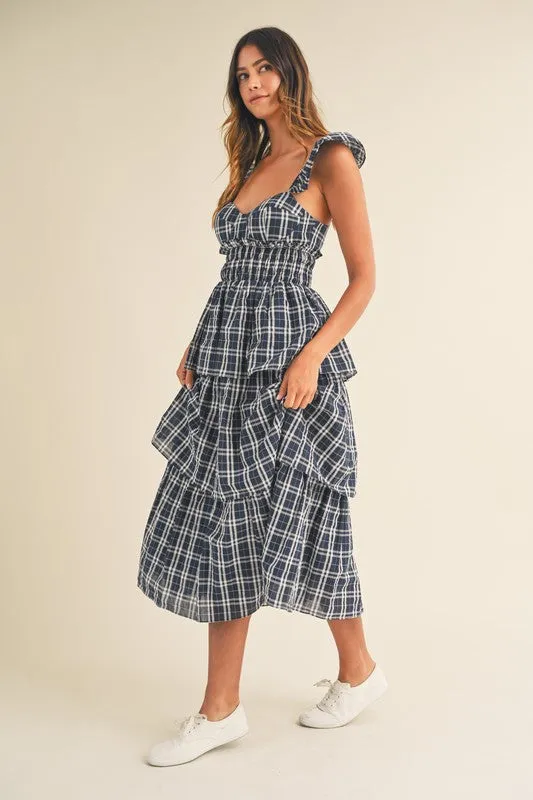 Lara Plaid Sweetheart Ruffled Midi Dress Navy