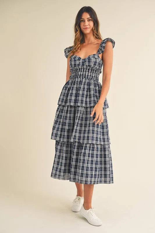 Lara Plaid Sweetheart Ruffled Midi Dress Navy