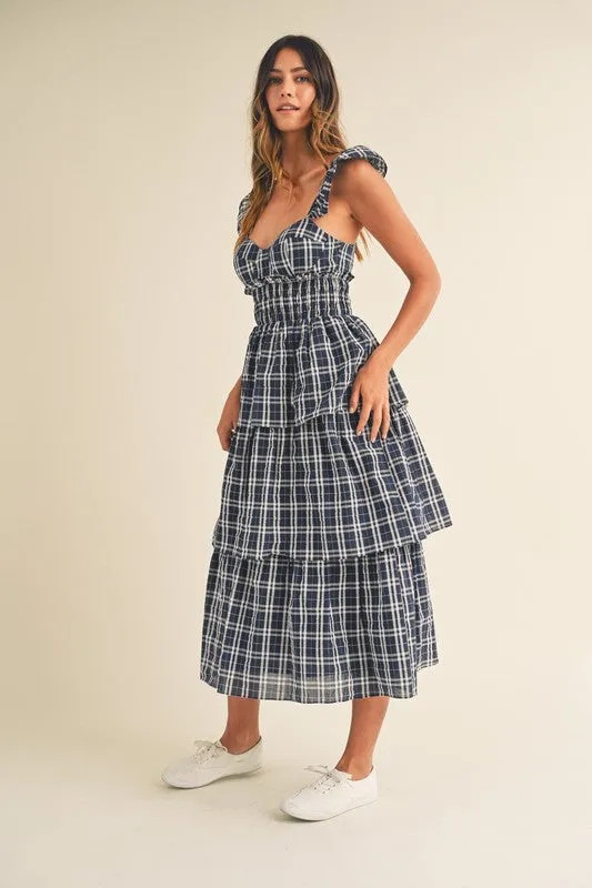 Lara Plaid Sweetheart Ruffled Midi Dress Navy