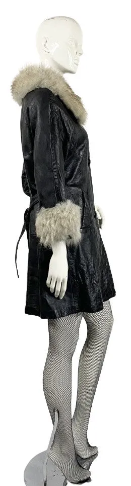 Leather Coat, Black, Fox Fur Collar, Size 8,  SKU 000357-1