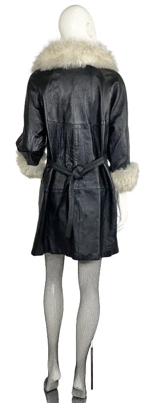 Leather Coat, Black, Fox Fur Collar, Size 8,  SKU 000357-1