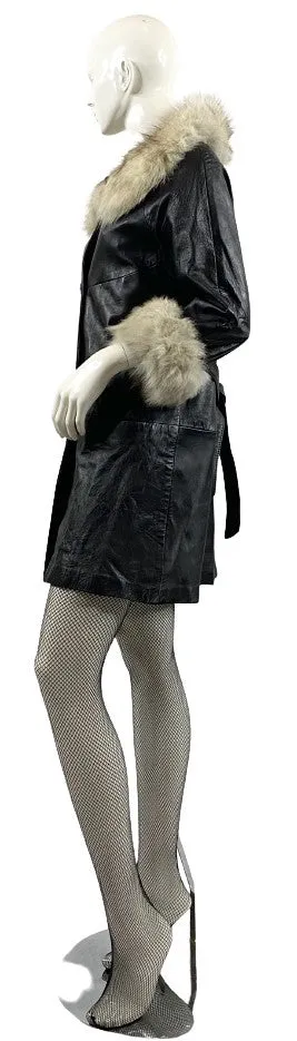 Leather Coat, Black, Fox Fur Collar, Size 8,  SKU 000357-1