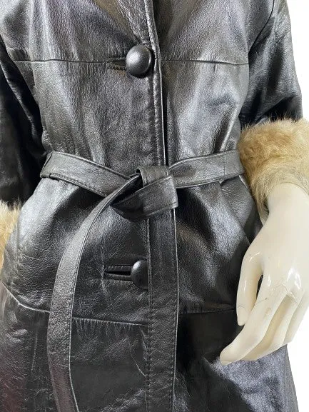Leather Coat, Black, Fox Fur Collar, Size 8,  SKU 000357-1