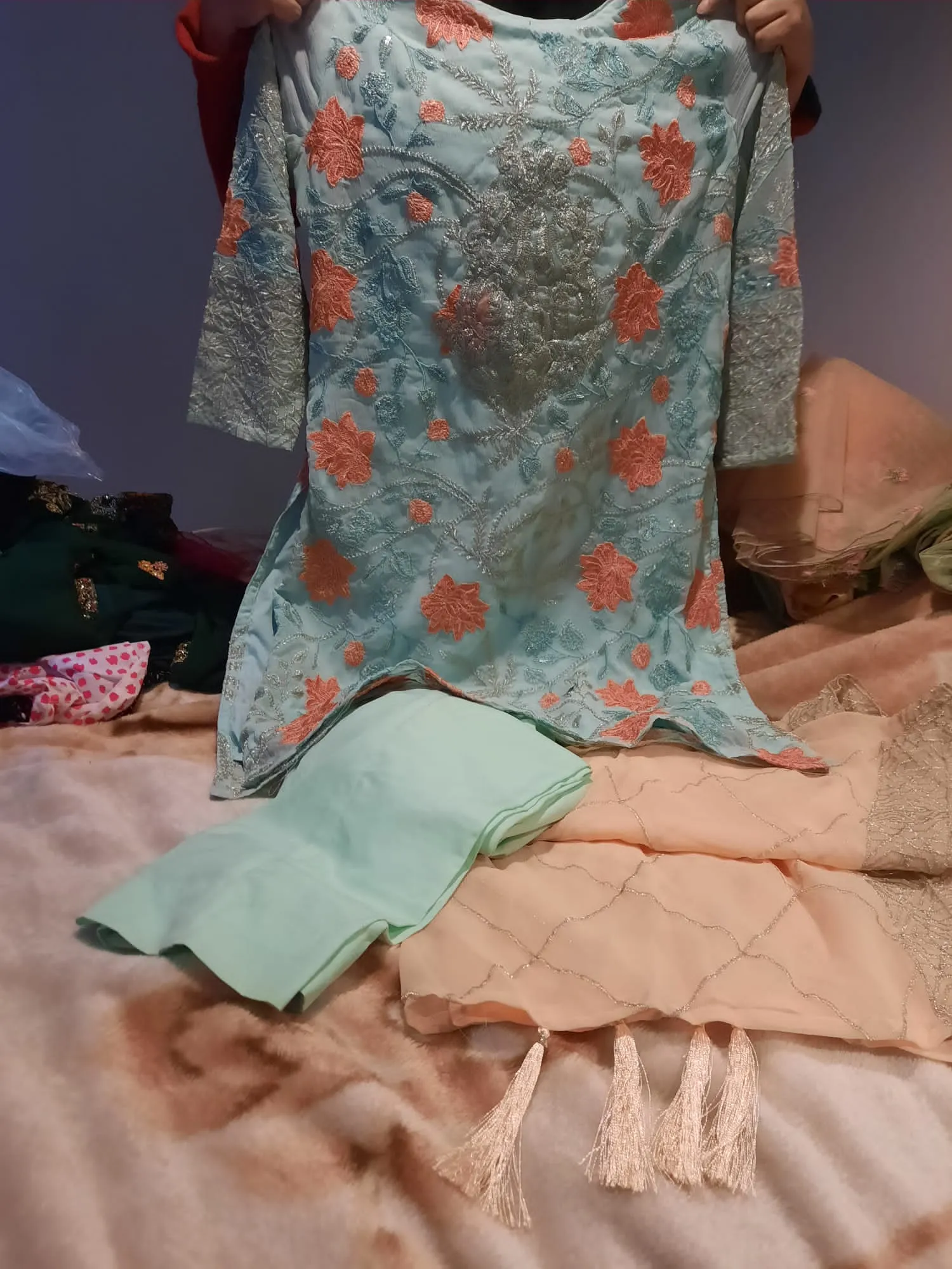 Light Blue Stitched Chiffon Designer Replica Party Dress