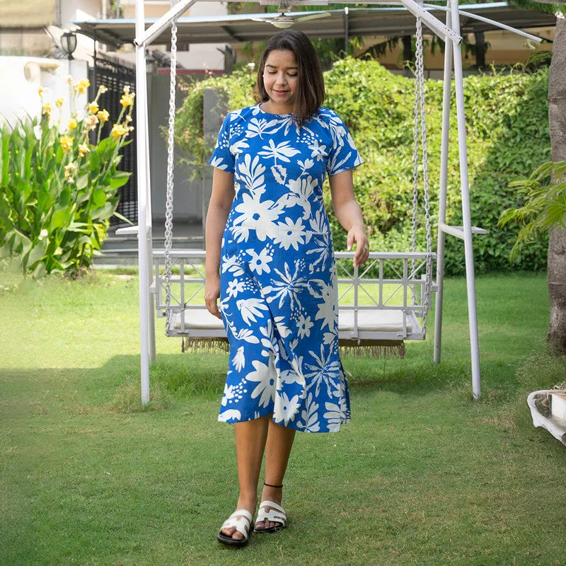 Linen Printed Dress | Blue