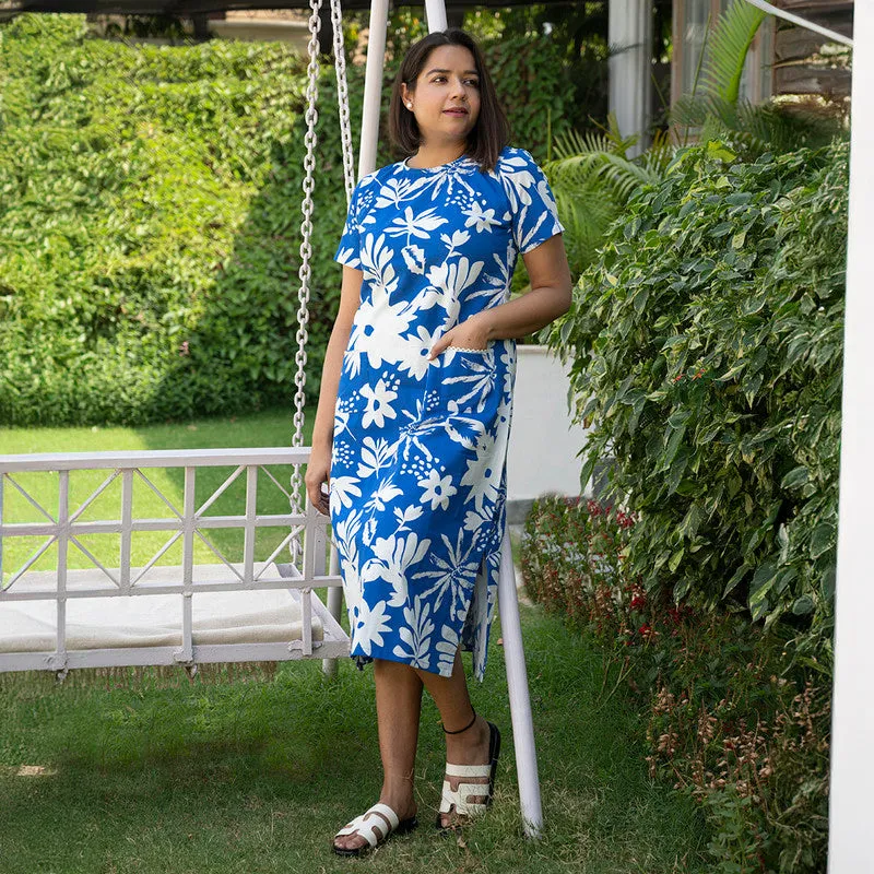 Linen Printed Dress | Blue