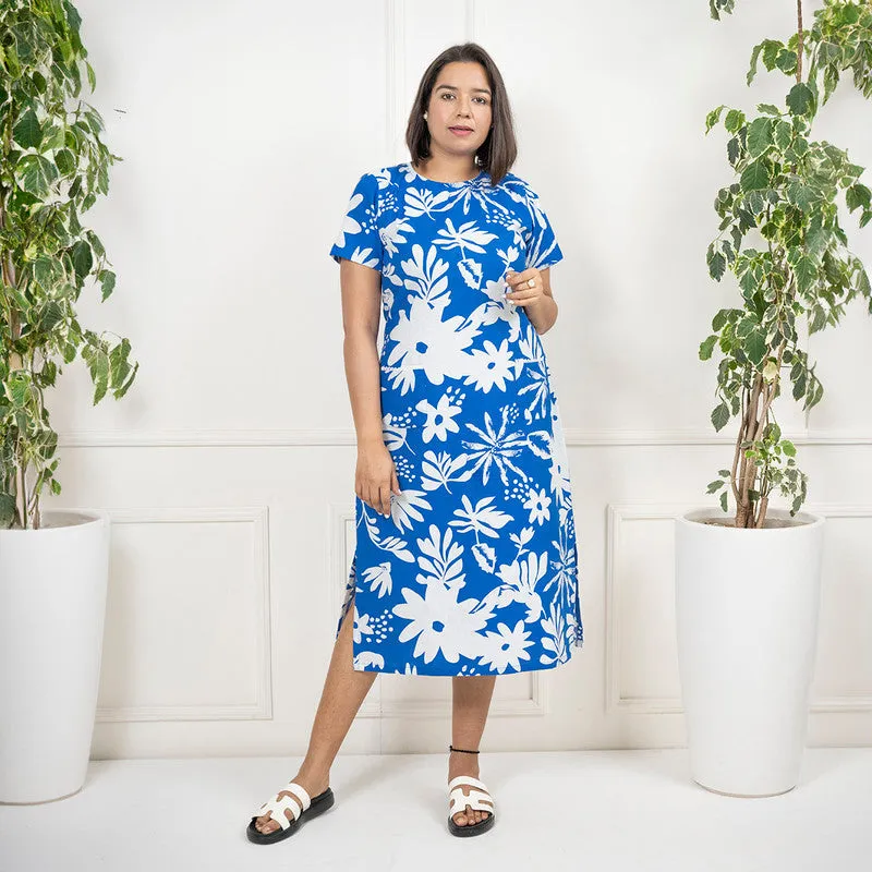 Linen Printed Dress | Blue