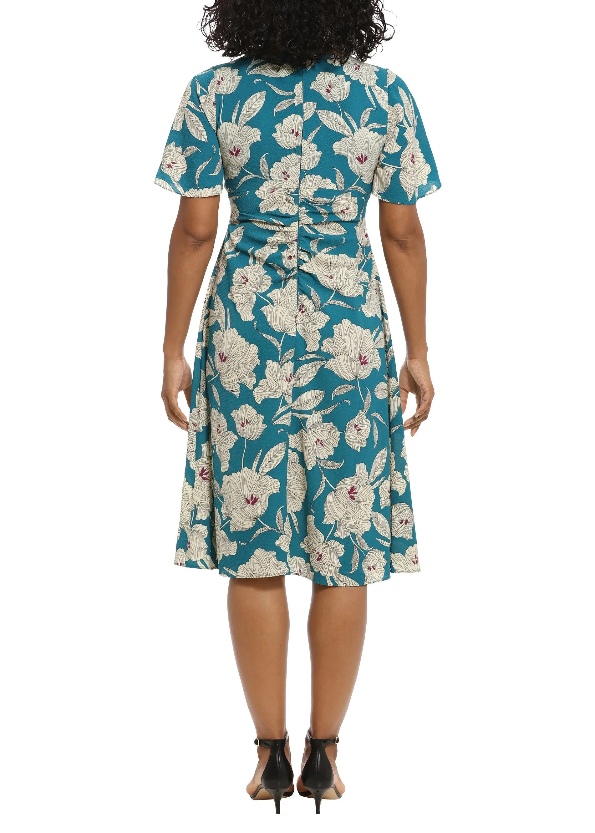 London Times V-neck flutter sleeve ruched bodice floral print bubble crepe dress