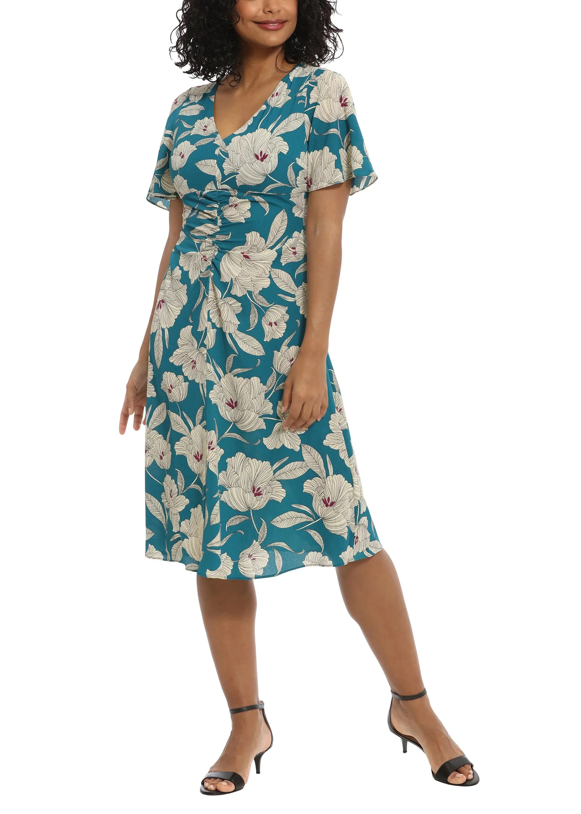 London Times V-neck flutter sleeve ruched bodice floral print bubble crepe dress